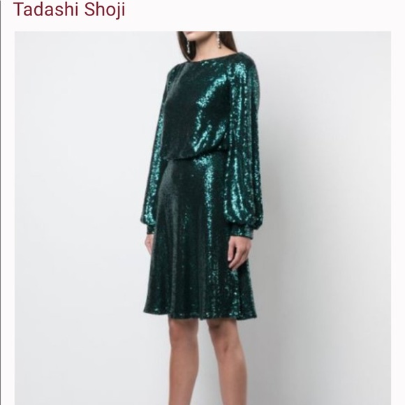 Tadashi Shoji Sequin Dress Lace Drape Back Cut Out Panel Statement Sleeves Dress - Picture 7 of 16